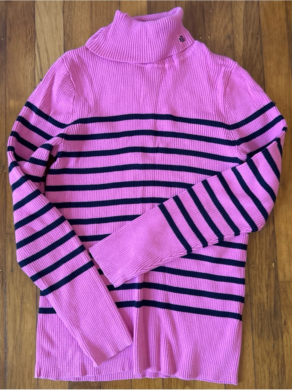 Lauren Ralph Lauren Pink and Navy Striped Turtleneck Sweater